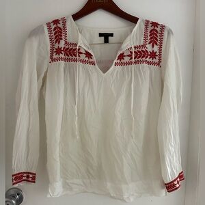 🌻 J. Crew White Peasant Blouse With Red Embroidery 🌻